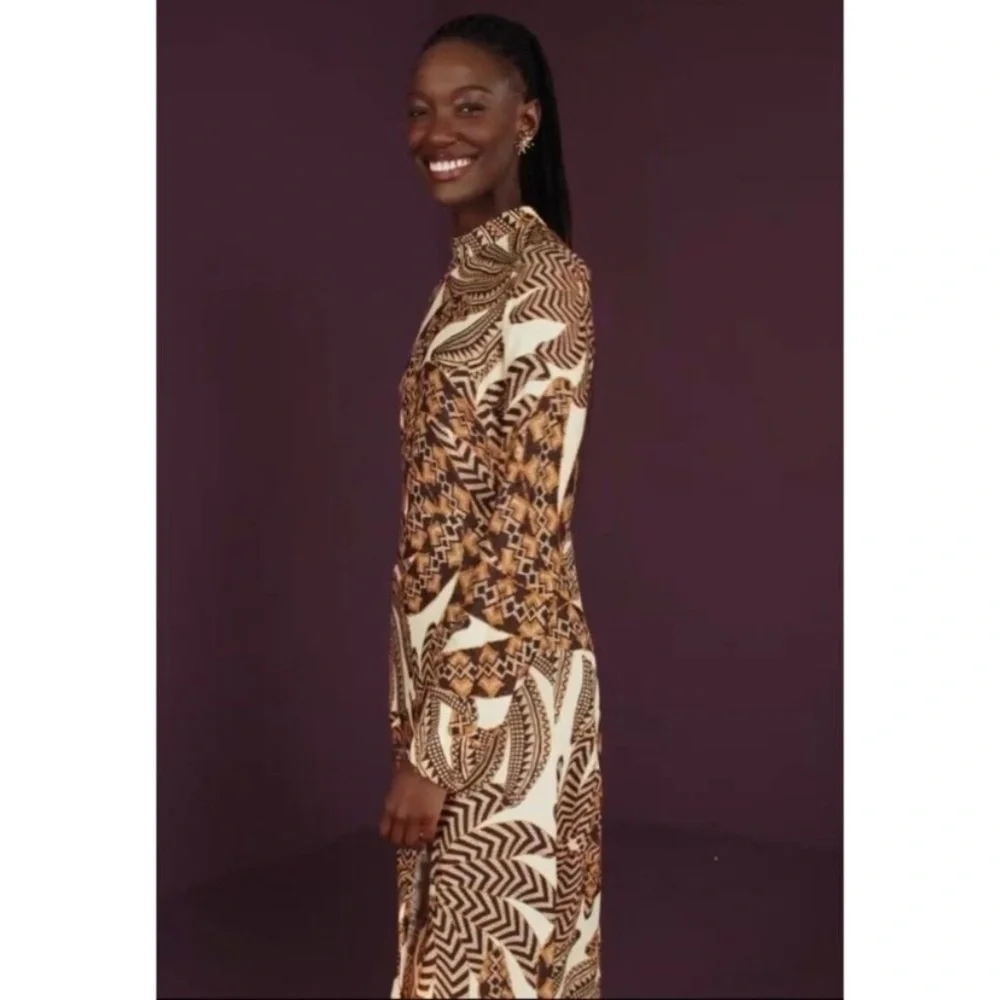 Farm Rio Midi Dress M Bodycon Long Sleeve Tropical Sand Yawanawa Vanahu Size M - Picture 4 of 16